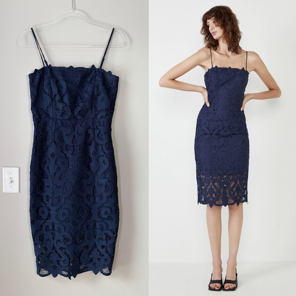Bardot Navy Lina Lace Cocktail Midi Dress Size 6/Small Wedding Guest Elegant